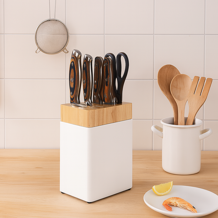 Kitchen Knife Storage Rack 6 Slot Solid Wood Drainage Base