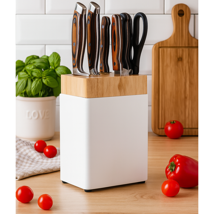 Kitchen Knife Storage Rack 6 Slot Solid Wood Drainage Base