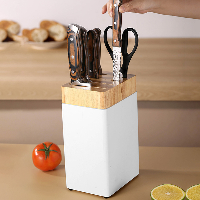 Kitchen Knife Storage Rack 6 Slot Solid Wood Drainage Base