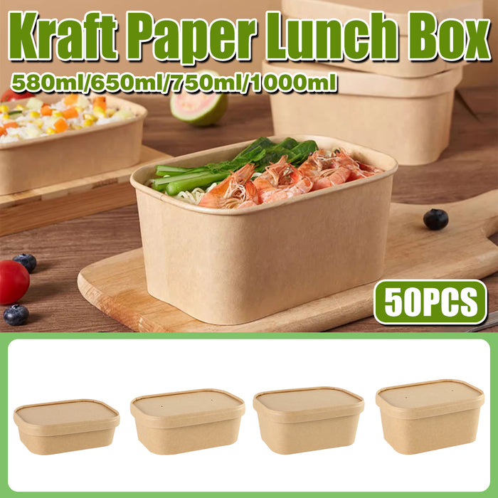 50 Pcs Kraft Paper Lunch Boxes with Lids Microwave Freezer Safe 580-1000 ml