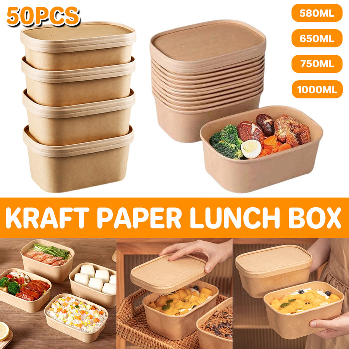 50 Pcs Kraft Paper Lunch Boxes with Lids Microwave Freezer Safe 580-1000 ml