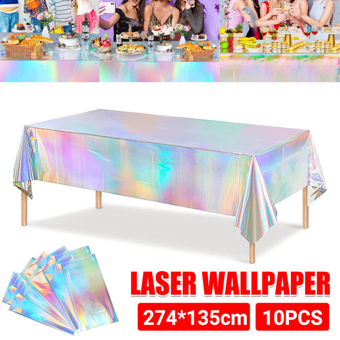 10 Pcs Iridescent Laser Tablecloths Holographic Silver 274 x 137 cm
