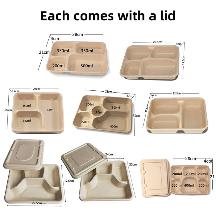 25 / 50 Pcs Biodegradable Lunch Boxes Microwave Safe -20°C to 120°C Multi-Compartment