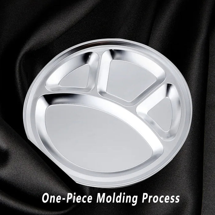 4pcs Stainless Steel Round Dinner Plates 4 Compartment Food Serving Trays Set