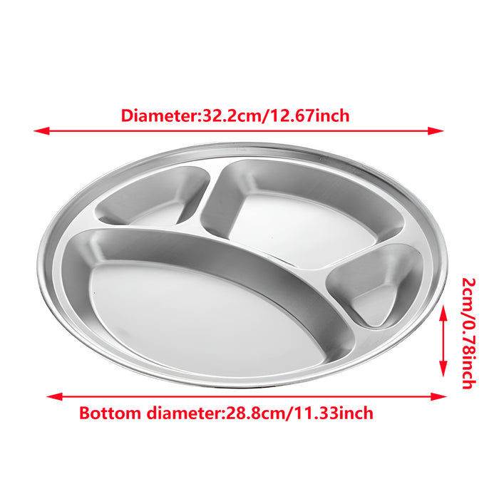 4pcs Stainless Steel Round Dinner Plates 4 Compartment Food Serving Trays Set