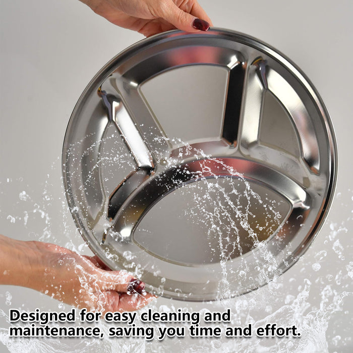 4pcs Stainless Steel Round Dinner Plates 4 Compartment Food Serving Trays Set