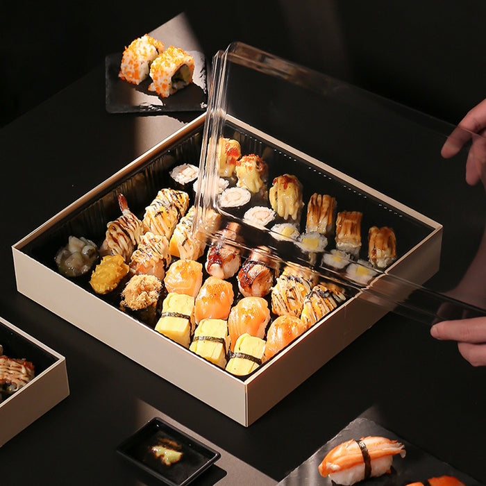 20 Pcs Disposable Sushi Bento Lunch Boxes Wooden Base Transparent Lid 3 Sizes