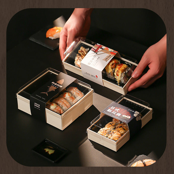 20 Pcs Disposable Sushi Bento Lunch Boxes Wooden Base Transparent Lid 3 Sizes