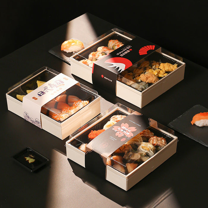 20 Pcs Disposable Sushi Bento Lunch Boxes Wooden Base Transparent Lid 3 Sizes
