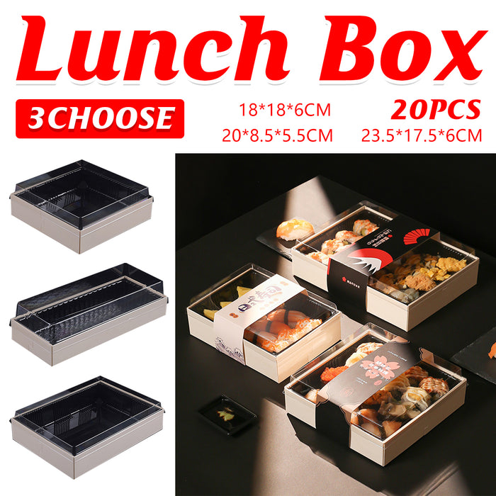 20 Pcs Disposable Sushi Bento Lunch Boxes Wooden Base Transparent Lid 3 Sizes