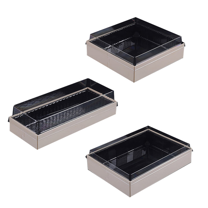 20 Pcs Disposable Sushi Bento Lunch Boxes Wooden Base Transparent Lid 3 Sizes