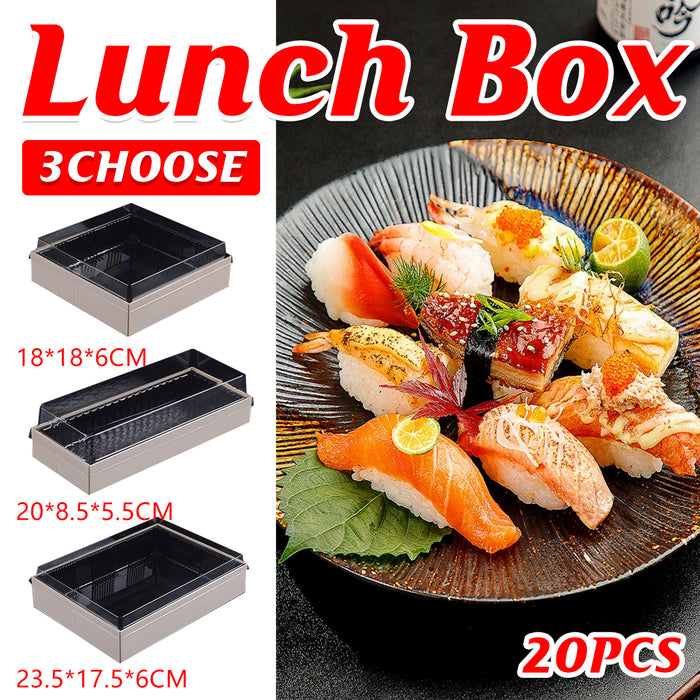 20 Pcs Disposable Sushi Bento Lunch Boxes Wooden Base Transparent Lid 3 Sizes