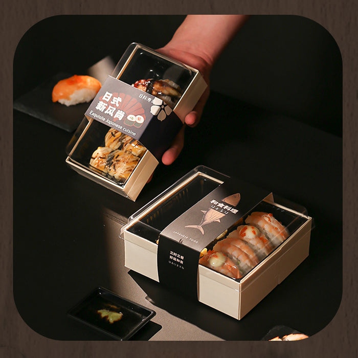 20 Pcs Disposable Sushi Bento Lunch Boxes Wooden Base Transparent Lid 3 Sizes
