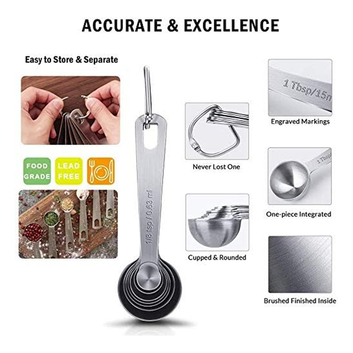 6 Pcs Measuring Spoons 304 Stainless Steel Engraved Scale