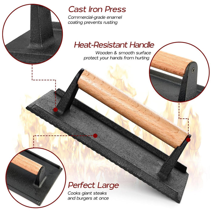 Cast Iron Meat Press with Wooden Handle Rectangular 21cm