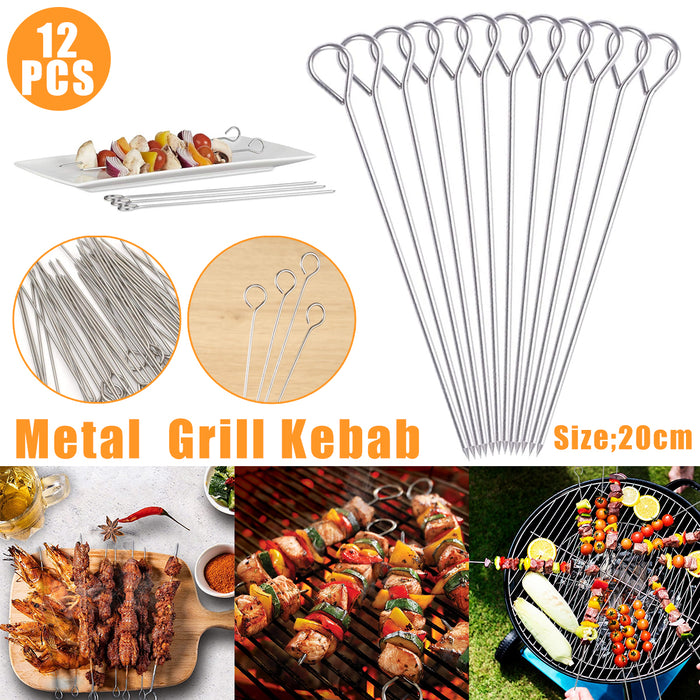 12 Pcs Metal BBQ Skewers Stainless Steel 20cm Looped Handles
