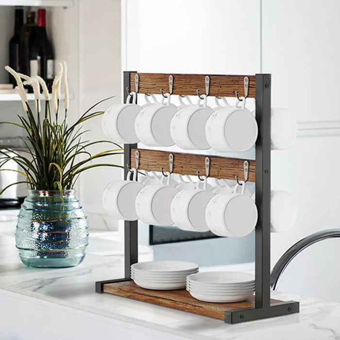 Wooden Mug Rack Double Layer Rotating Holder 43.5cm