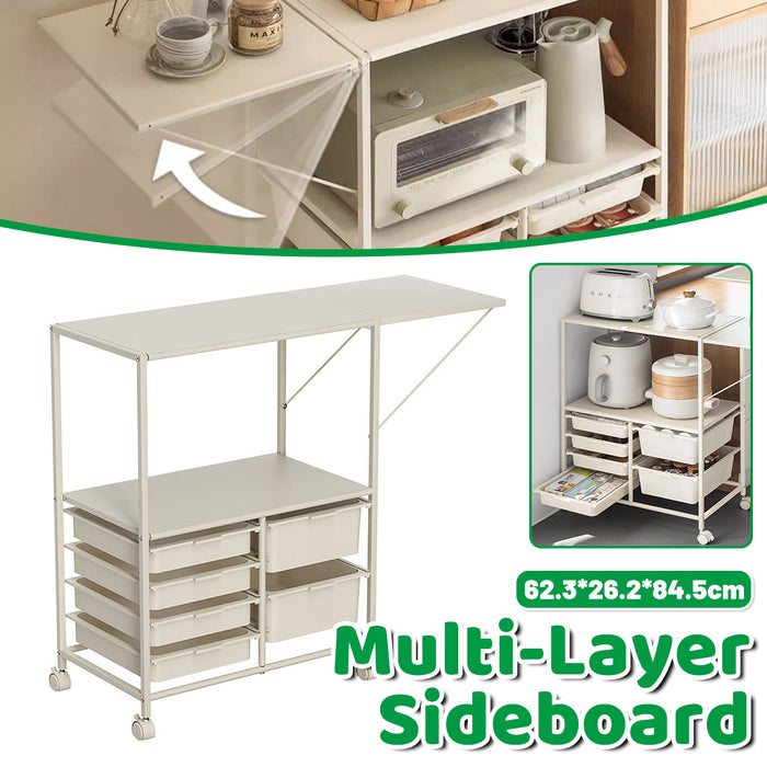 Movable Multilayer Side Table with Foldable Extension and Drawers