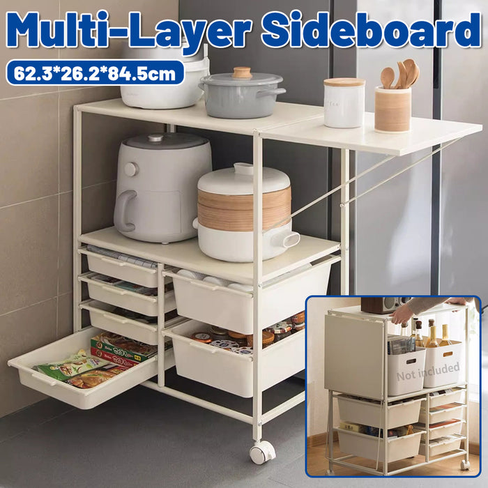 Movable Multilayer Side Table with Foldable Extension and Drawers