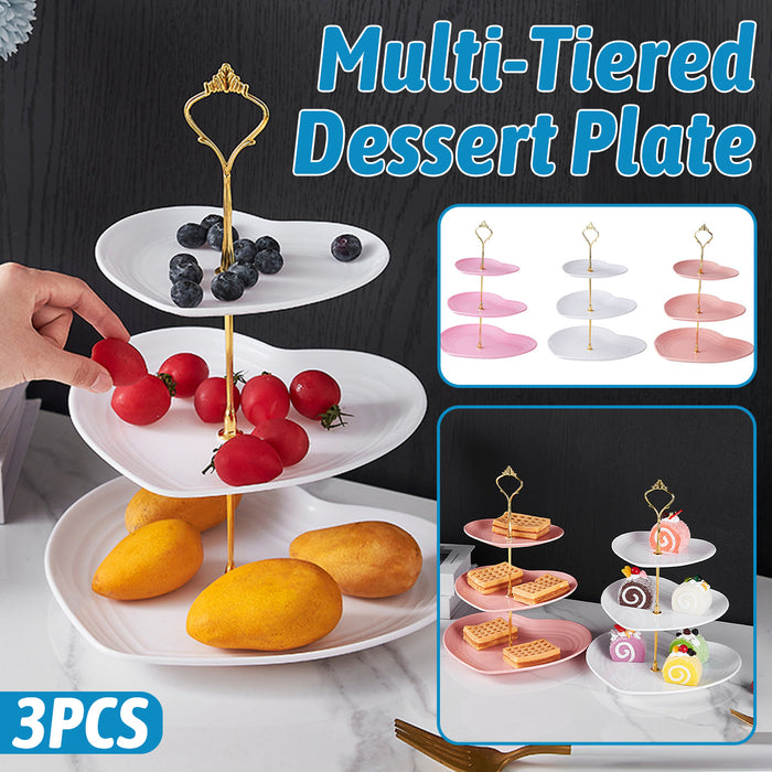 3 Pcs 3-Tier Porcelain Dessert Stand with Gold Heart Handle 26 x 33 cm
