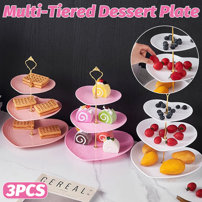 3 Pcs 3-Tier Porcelain Dessert Stand with Gold Heart Handle 26 x 33 cm