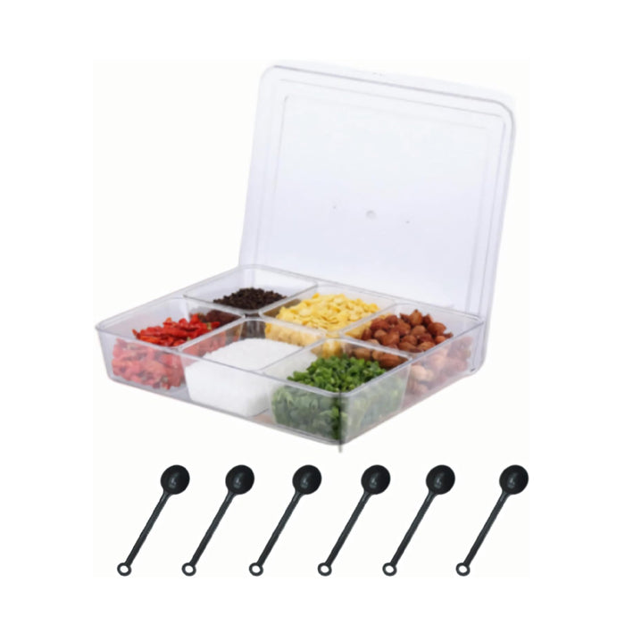 2 Pcs Clear 6-Compartment Spice Container with Lid and 6 Spoons
