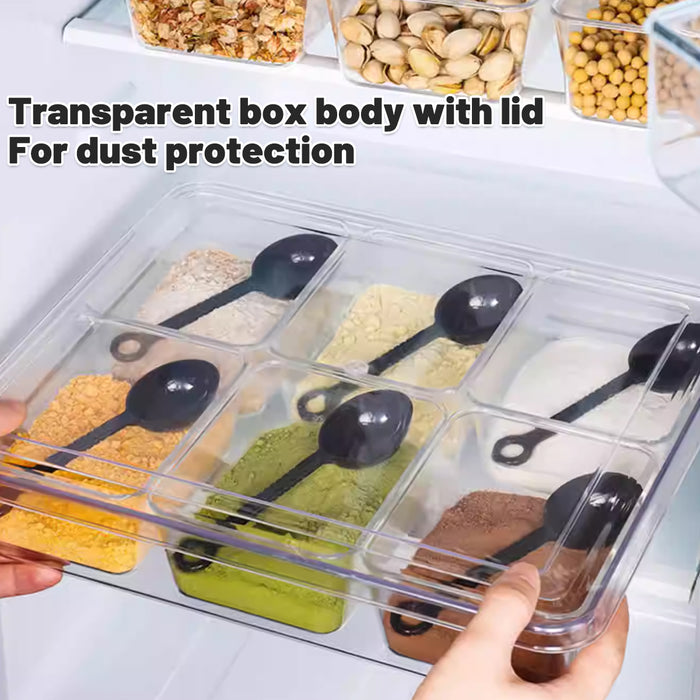2 Pcs Clear 6-Compartment Spice Container with Lid and 6 Spoons