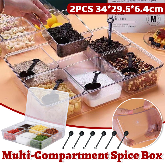 2 Pcs Clear 6-Compartment Spice Container with Lid and 6 Spoons