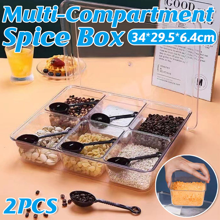 2 Pcs Clear 6-Compartment Spice Container with Lid and 6 Spoons