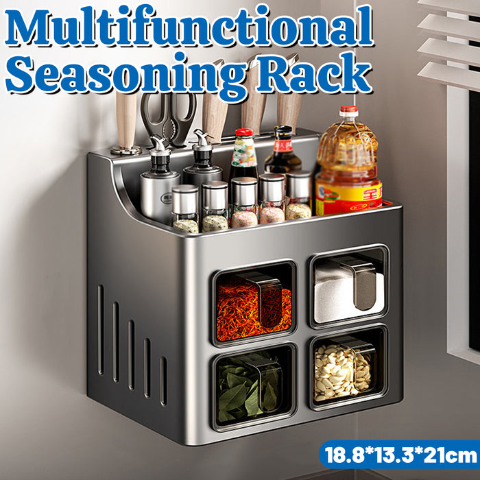 Wall-Mounted Spice Rack with Knife Holder 4 Sealed Drawers