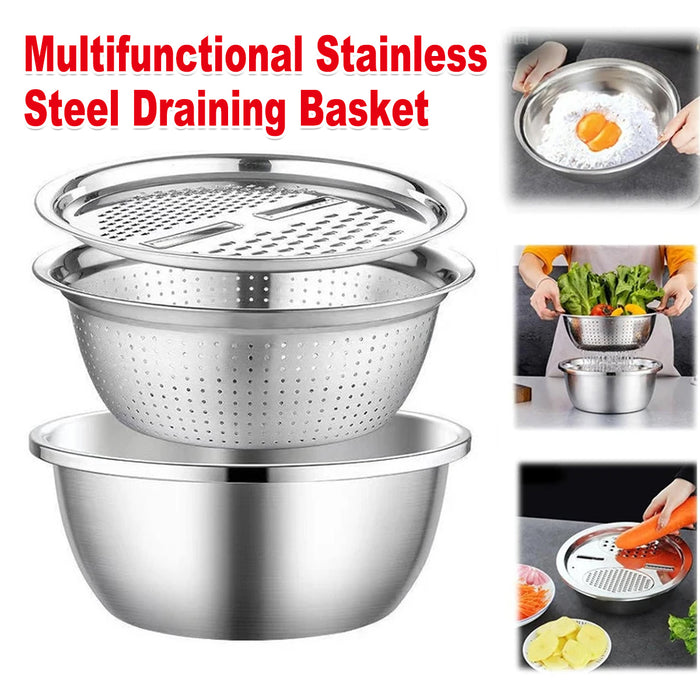 3 Pcs Stainless Steel Colander Basin Mixing Bowl Set with Grater