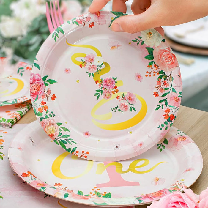 96 Pcs 1st Birthday Party Tableware Set Floral Pink Gold for 24 Guests