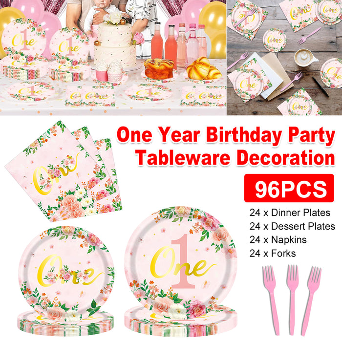 96 Pcs 1st Birthday Party Tableware Set Floral Pink Gold for 24 Guests
