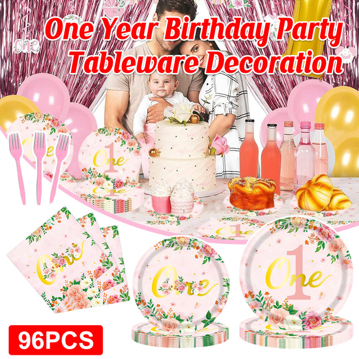 96 Pcs 1st Birthday Party Tableware Set Floral Pink Gold for 24 Guests