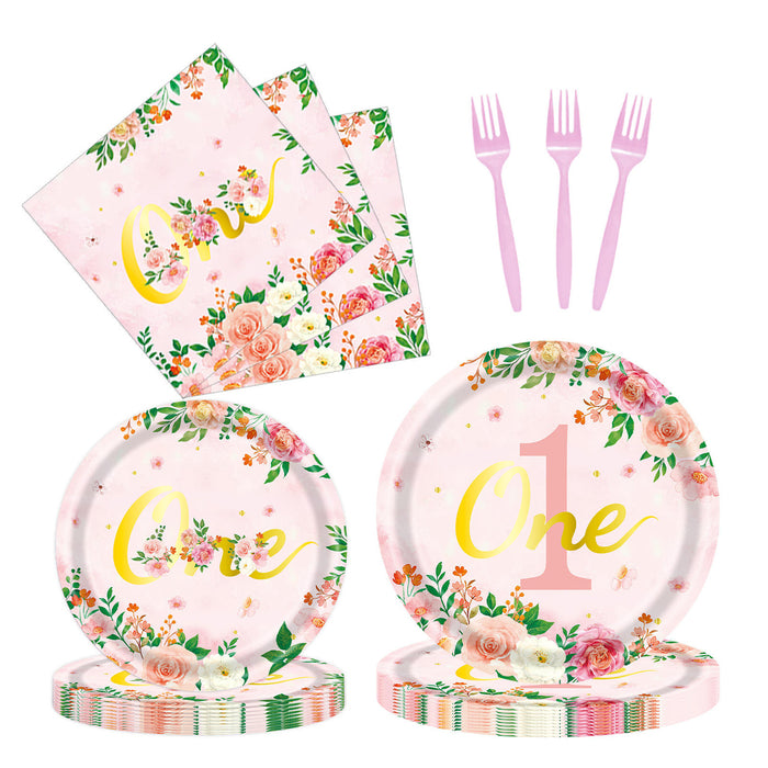 96 Pcs 1st Birthday Party Tableware Set Floral Pink Gold for 24 Guests