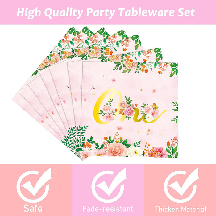 96 Pcs 1st Birthday Party Tableware Set Floral Pink Gold for 24 Guests