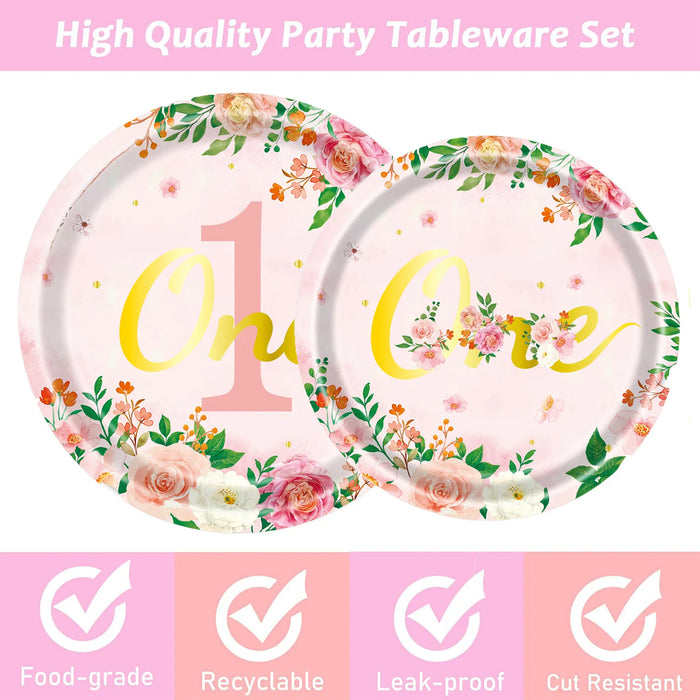 96 Pcs 1st Birthday Party Tableware Set Floral Pink Gold for 24 Guests
