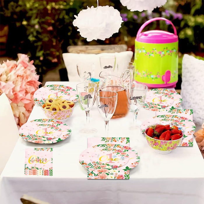 96 Pcs 1st Birthday Party Tableware Set Floral Pink Gold for 24 Guests