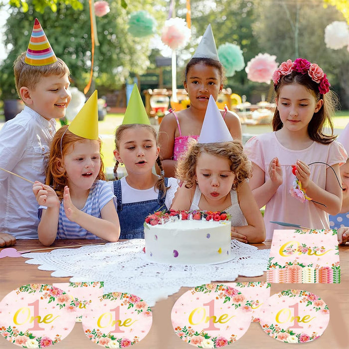 96 Pcs 1st Birthday Party Tableware Set Floral Pink Gold for 24 Guests