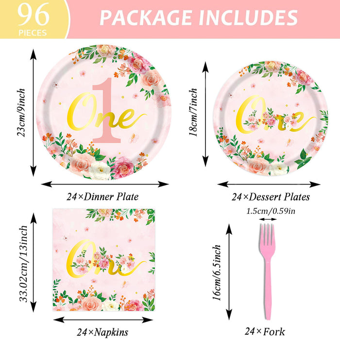 96 Pcs 1st Birthday Party Tableware Set Floral Pink Gold for 24 Guests
