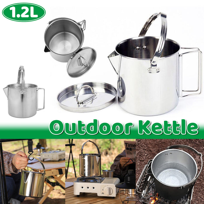 1.2L Stainless Steel Camping Kettle with Lid for Hiking Picnic