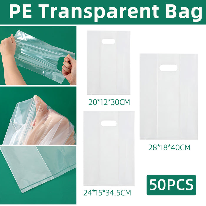 50 Pcs Clear PE Gift Bags with Handles for Party Favors and Wedding in 3 Sizes