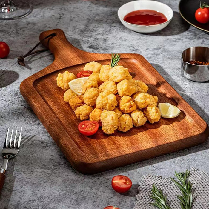 2 Pcs Solid Wood Steak Serving Plate with Handle 40 x 25 cm Natural Wood
