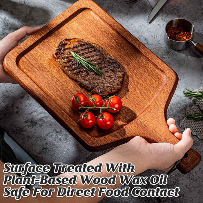 2 Pcs Solid Wood Steak Serving Plate with Handle 40 x 25 cm Natural Wood