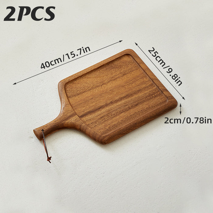 2 Pcs Solid Wood Steak Serving Plate with Handle 40 x 25 cm Natural Wood