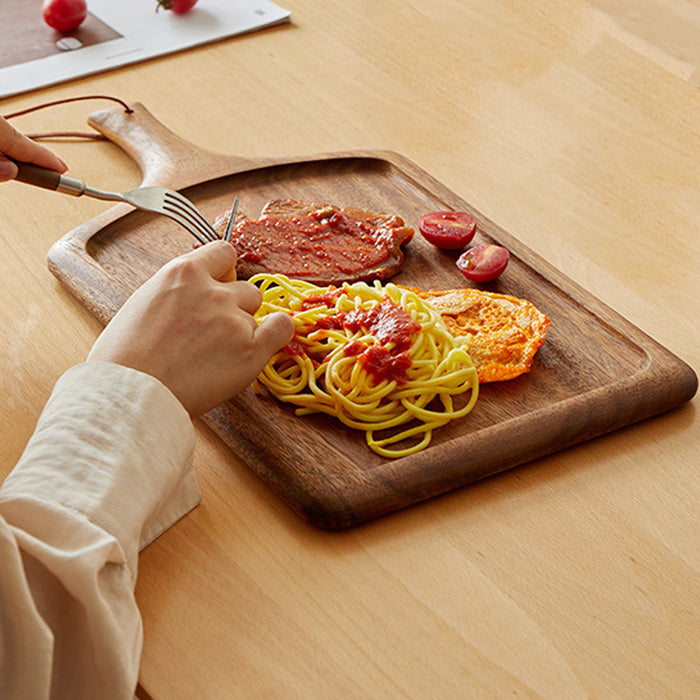 2 Pcs Solid Wood Steak Serving Plate with Handle 40 x 25 cm Natural Wood
