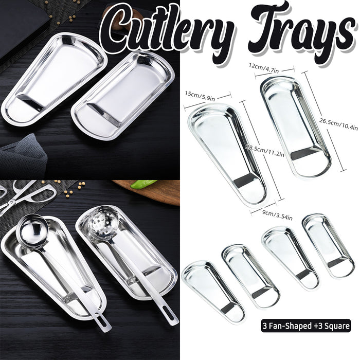 6 Pcs Stainless Steel Cutlery Tray Set 3 Fan-Shaped and 3 Square 28.5 x 15 cm