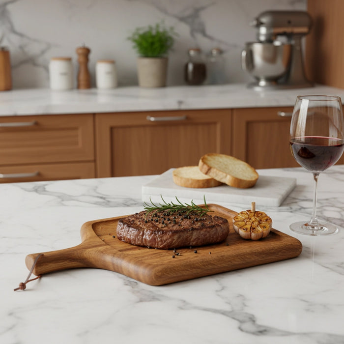 2 Pcs Solid Wood Steak Serving Plate with Handle 40 x 25 cm Natural Wood