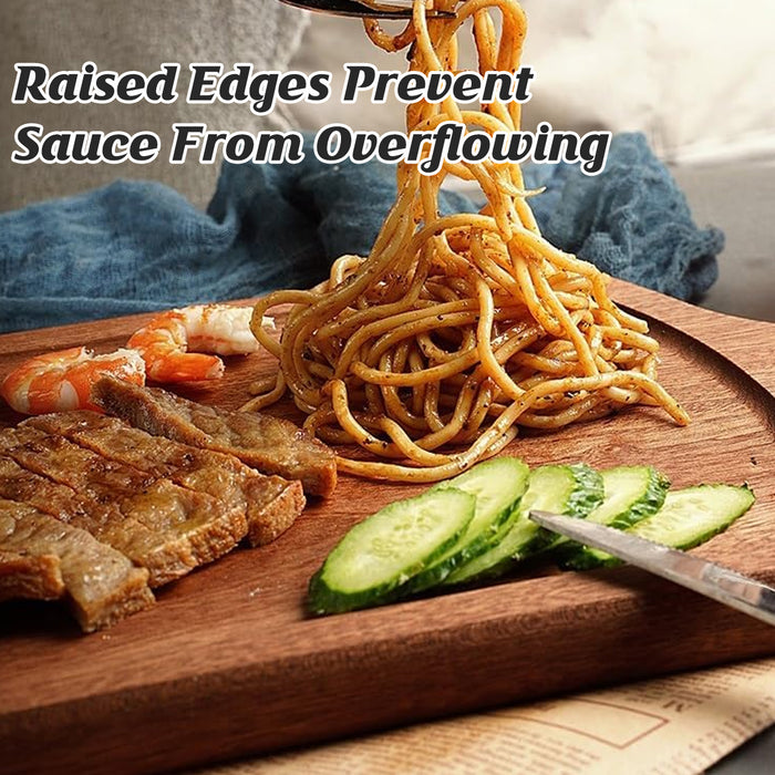 2 Pcs Solid Wood Steak Serving Plate with Handle 40 x 25 cm Natural Wood
