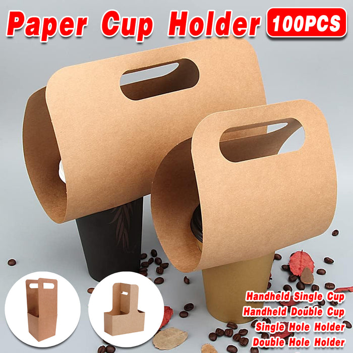 100 Pcs Kraft Paper Cup Holders with Handle for Takeaway Drinks